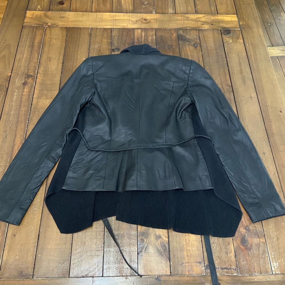 White House Black Market Leather Mixed Media Ribbed Knit Wrap Cardigan XXS Black - Picture 2 of 7